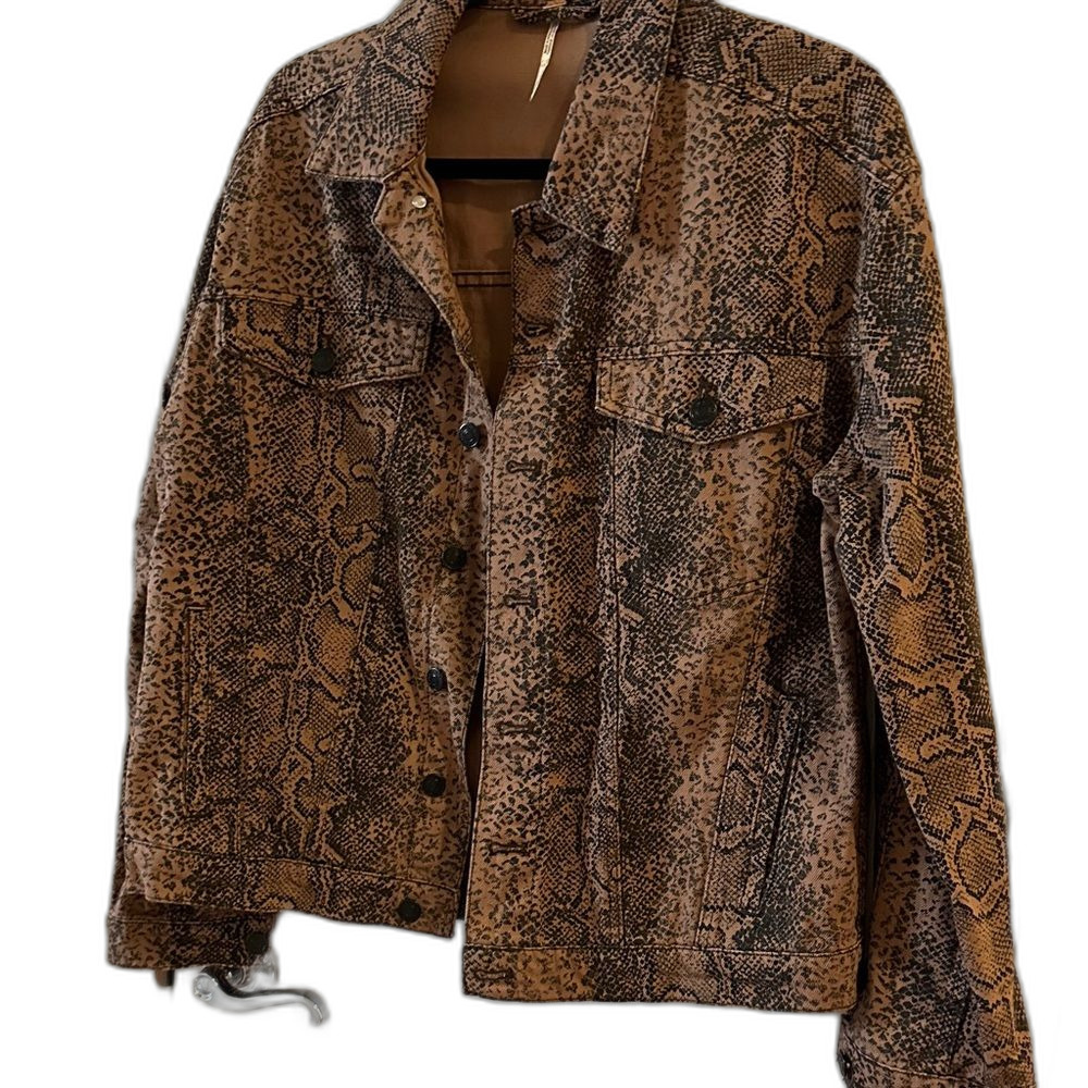 Free People Women's Brown and Black Snake Print Denim Jacket Size Small